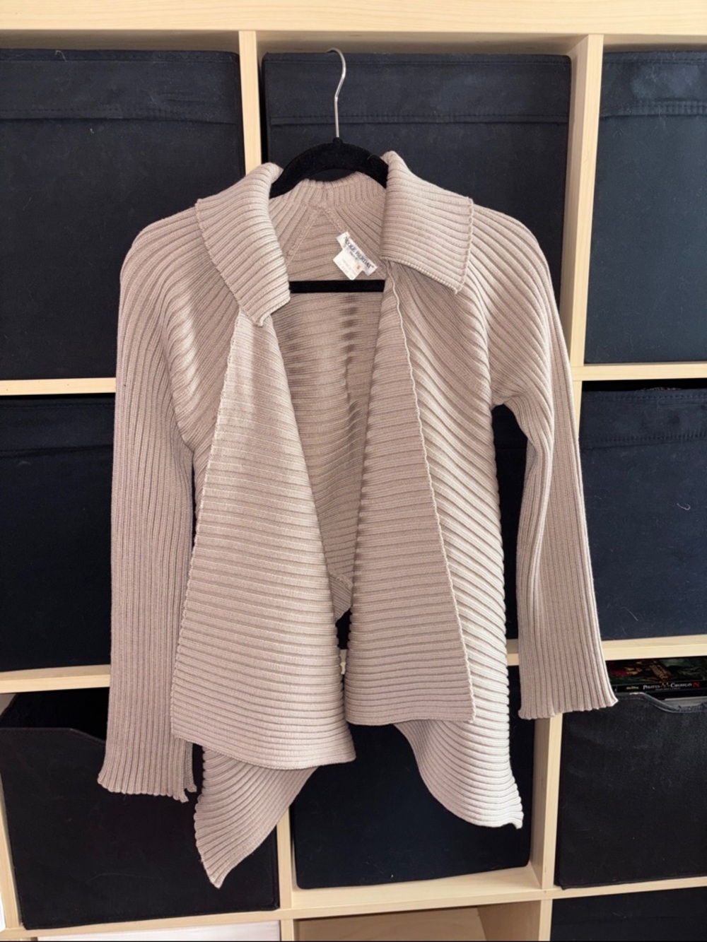Nicole Berdat French Wool Open-Front Ribbed Cardigan Sweater - Light Taupe